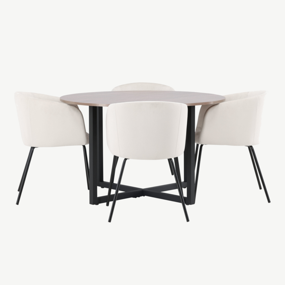 Ümmargune söögilaud Durango (pähkel, metalljalad) ja beežid sametist toolid Berit, GR22945 – 2