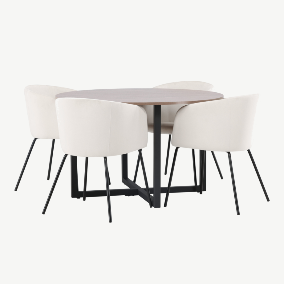 Ümmargune söögilaud Durango (pähkel, metalljalad) ja beežid sametist toolid Berit, GR22945 – 3