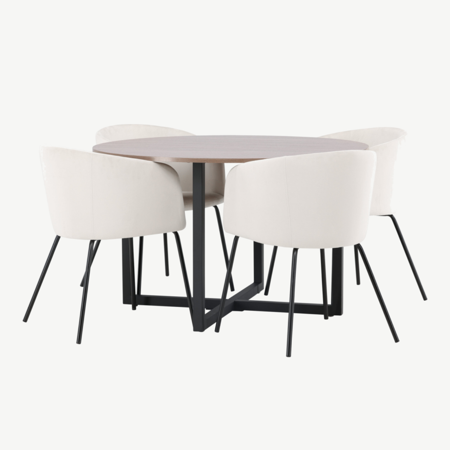 Ümmargune söögilaud Durango (pähkel, metalljalad) ja beežid sametist toolid Berit, GR22945 – 4