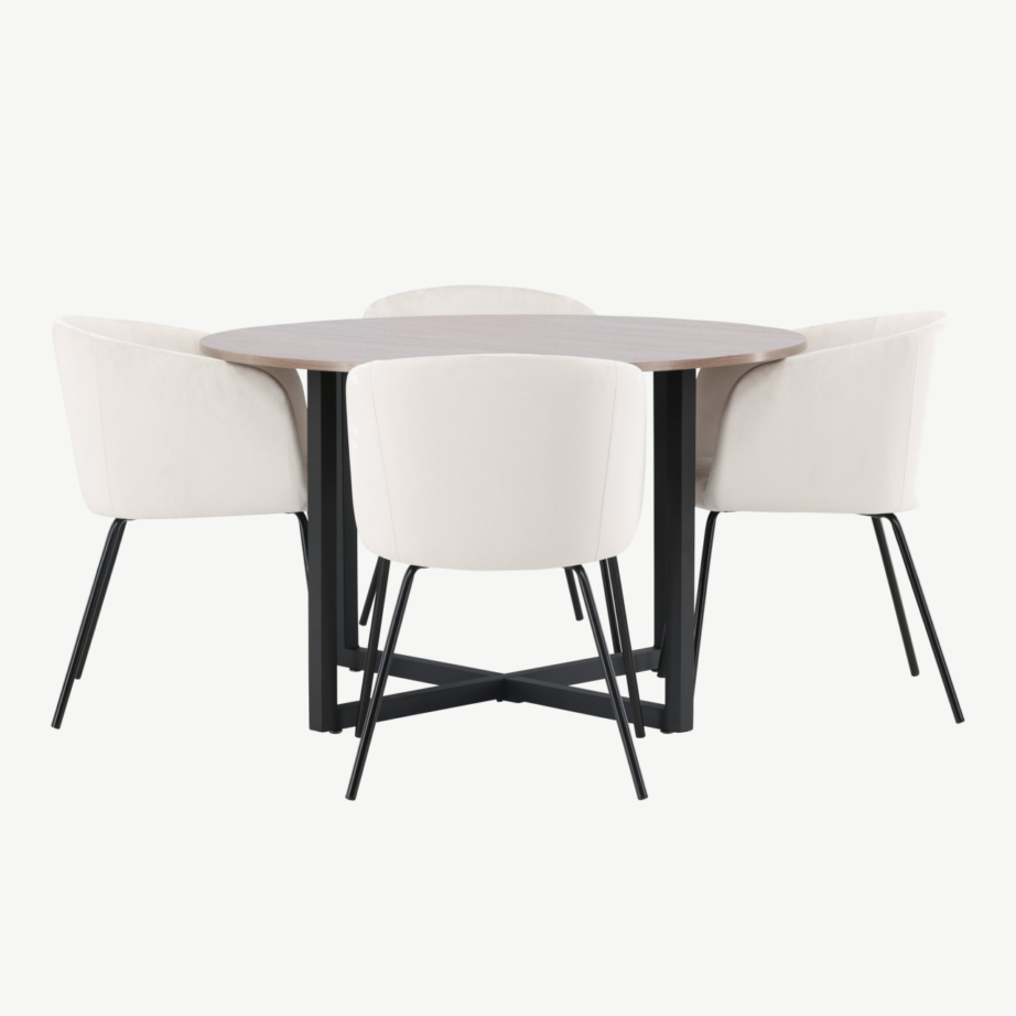 Ümmargune söögilaud Durango (pähkel, metalljalad) ja beežid sametist toolid Berit, GR22945 – 5