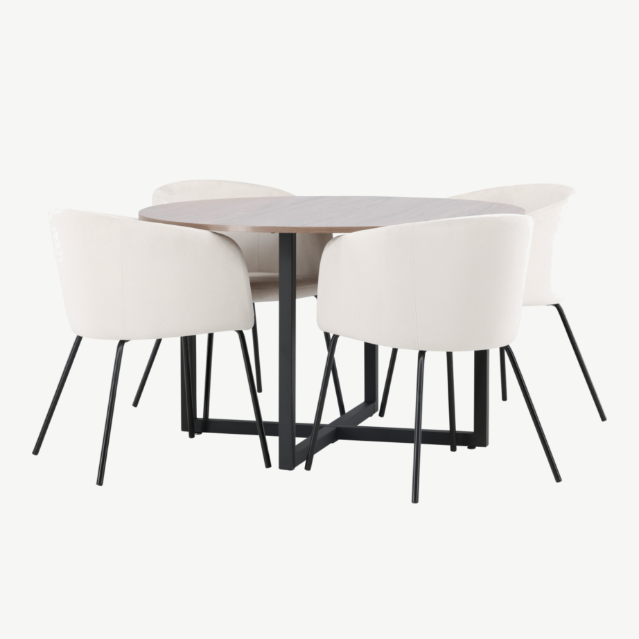 Ümmargune söögilaud Durango (pähkel, metalljalad) ja beežid sametist toolid Berit, GR22945 – 6