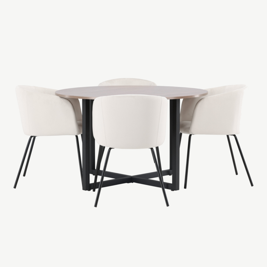 Ümmargune söögilaud Durango (pähkel, metalljalad) ja beežid sametist toolid Berit, GR22945 – 7