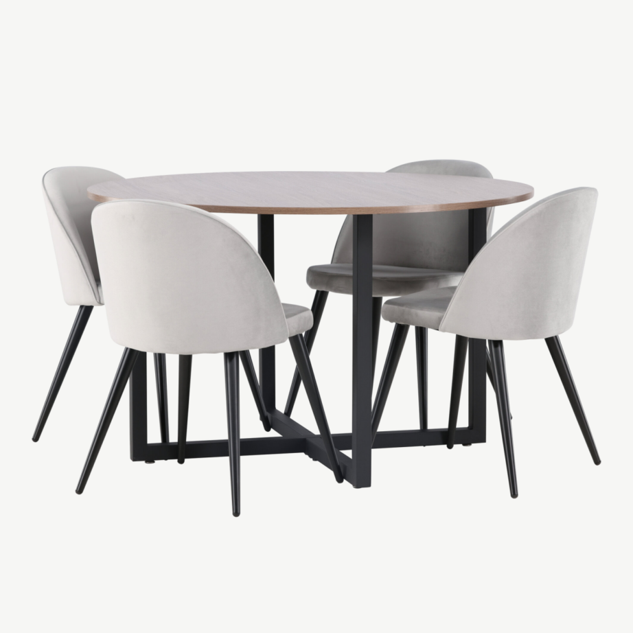 Ümmargune söögilaud Durango pähklitooni MDF-plaat ja hallid Velvet-toolid, GR22949 – 3