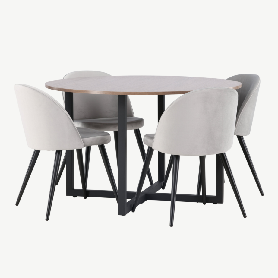 Ümmargune söögilaud Durango pähklitooni MDF-plaat ja hallid Velvet-toolid, GR22949 – 4