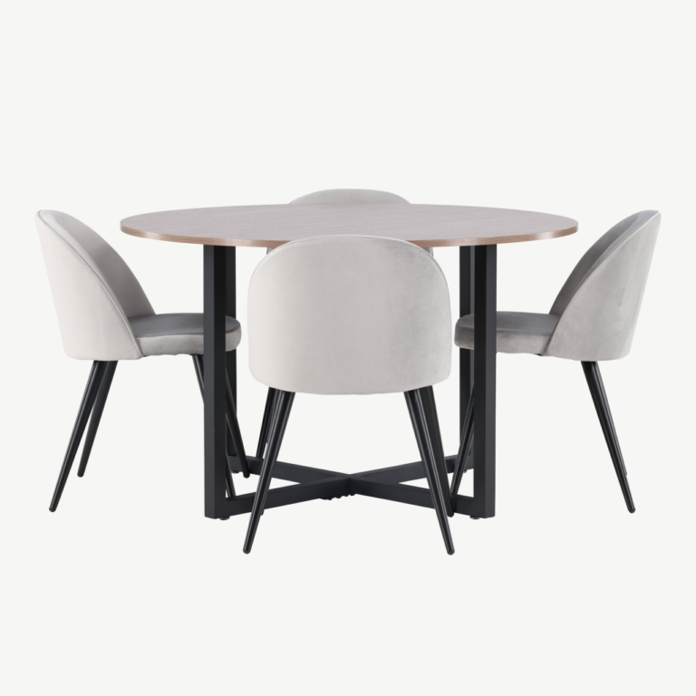 Ümmargune söögilaud Durango pähklitooni MDF-plaat ja hallid Velvet-toolid - GR22949