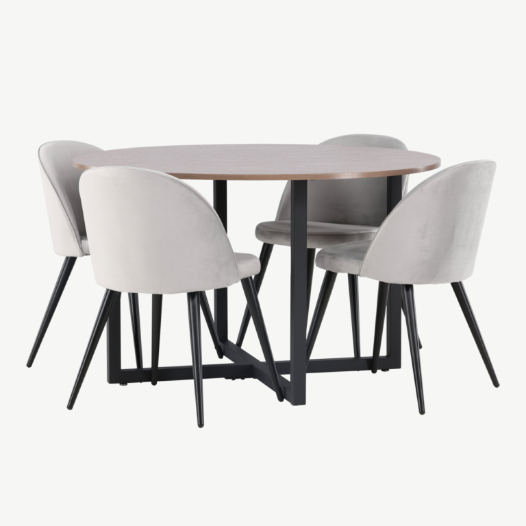 Ümmargune söögilaud Durango pähklitooni MDF-plaat ja hallid Velvet-toolid - GR22949