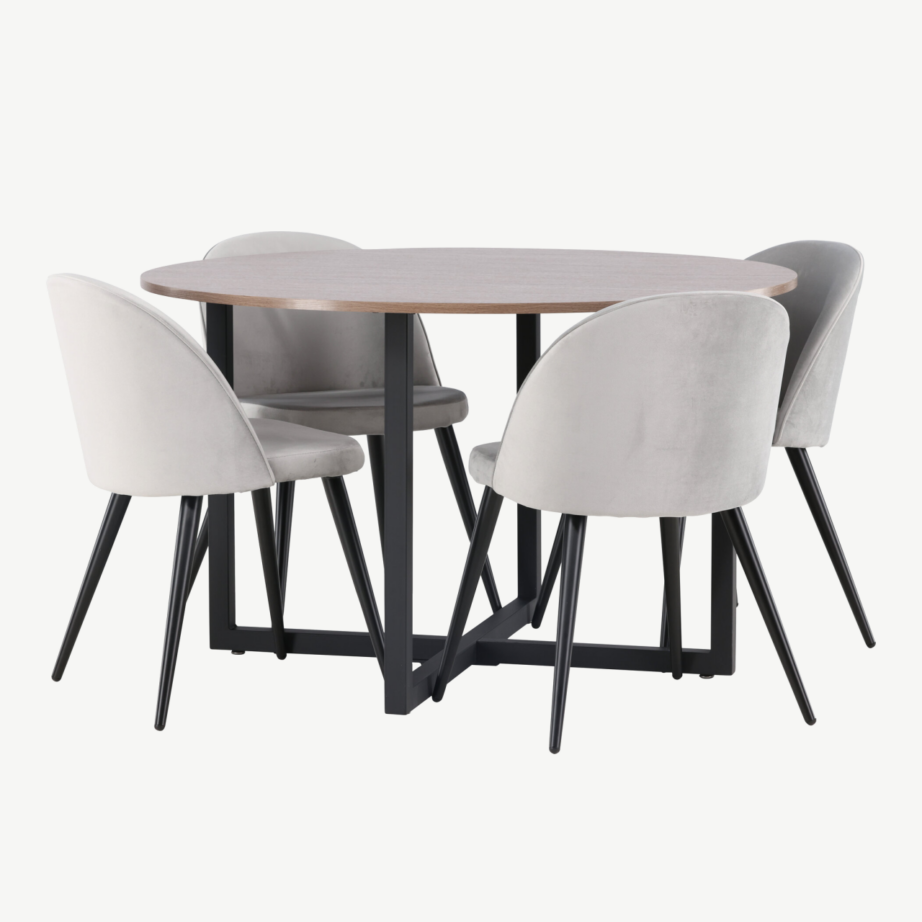 Ümmargune söögilaud Durango pähklitooni MDF-plaat ja hallid Velvet-toolid, GR22949 – 6