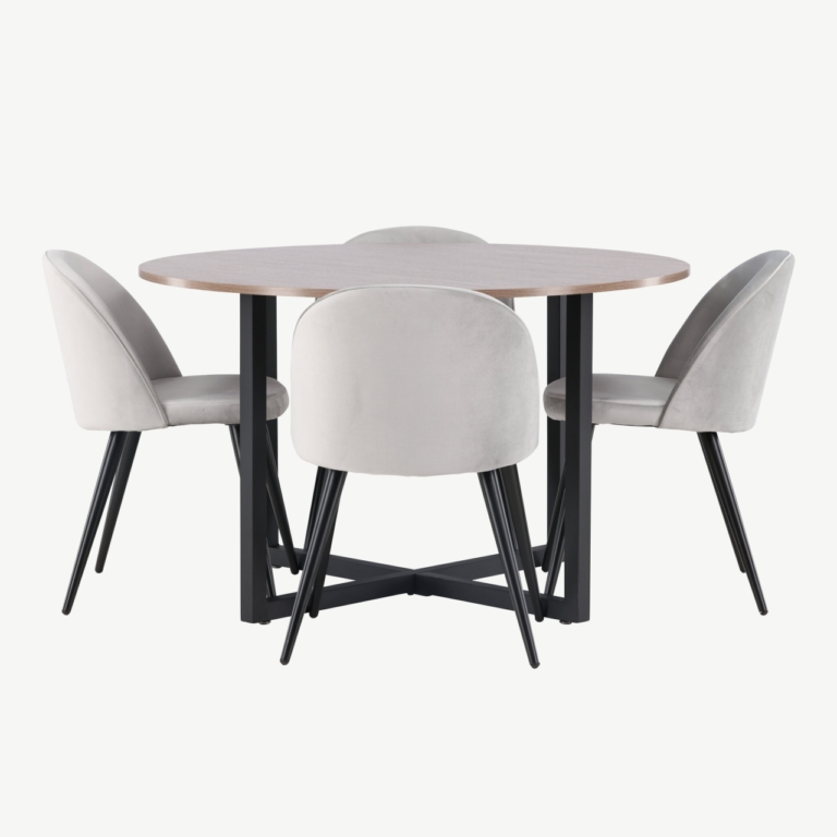 Ümmargune söögilaud Durango pähklitooni MDF-plaat ja hallid Velvet-toolid - GR22949