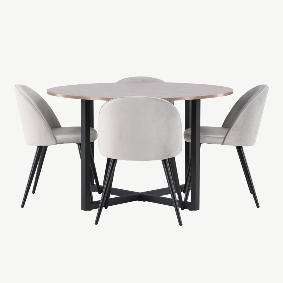 Ümmargune söögilaud Durango pähklitooni MDF-plaat ja hallid Velvet-toolid, GR22949 – 7