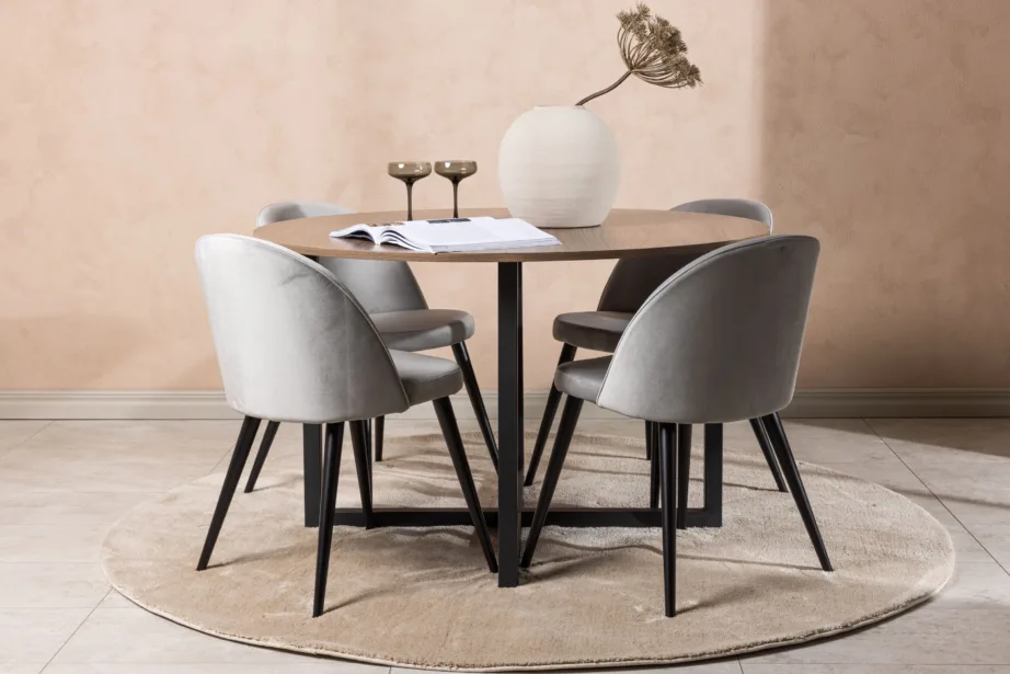 Ümmargune söögilaud Durango pähklitooni MDF-plaat ja hallid Velvet-toolid, GR22949 – 8