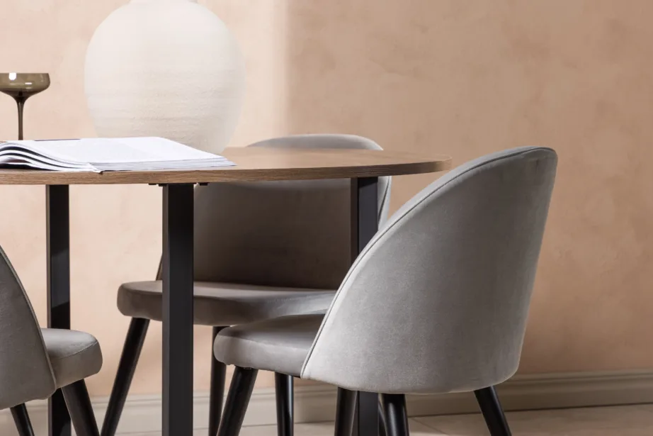 Ümmargune söögilaud Durango pähklitooni MDF-plaat ja hallid Velvet-toolid, GR22949 – 9