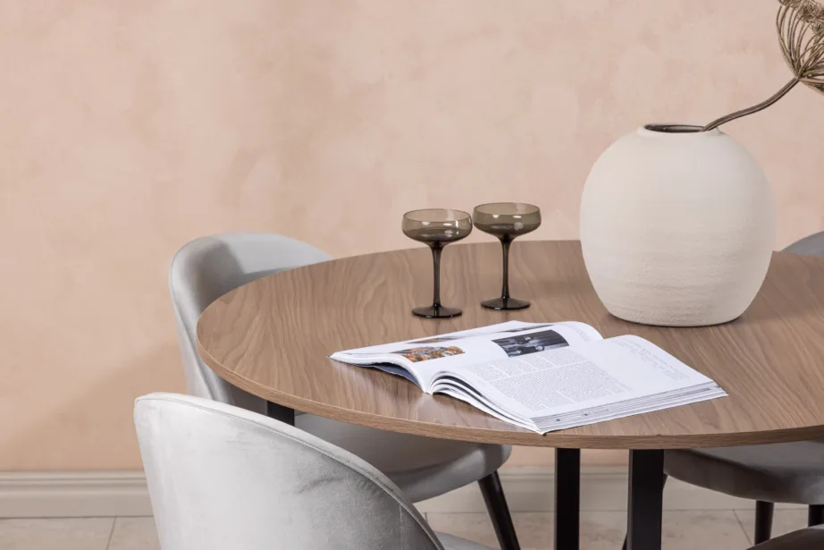 Ümmargune söögilaud Durango pähklitooni MDF-plaat ja hallid Velvet-toolid, GR22949 – 10