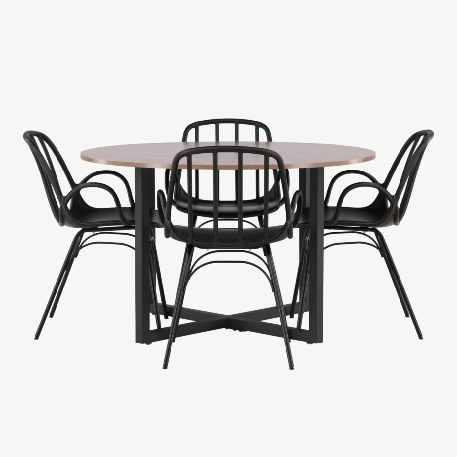 Ümmargune söögilaud Durango pähklitooni MDF ja mustad Dyrön toolid, GR23156 – 2