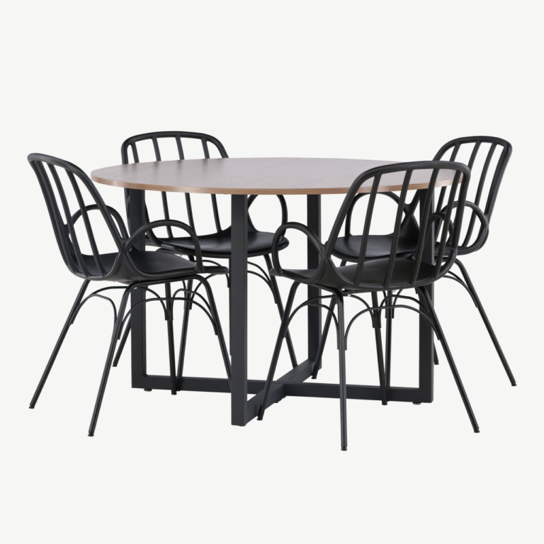 Ümmargune söögilaud Durango pähklitooni MDF ja mustad Dyrön toolid - GR23156