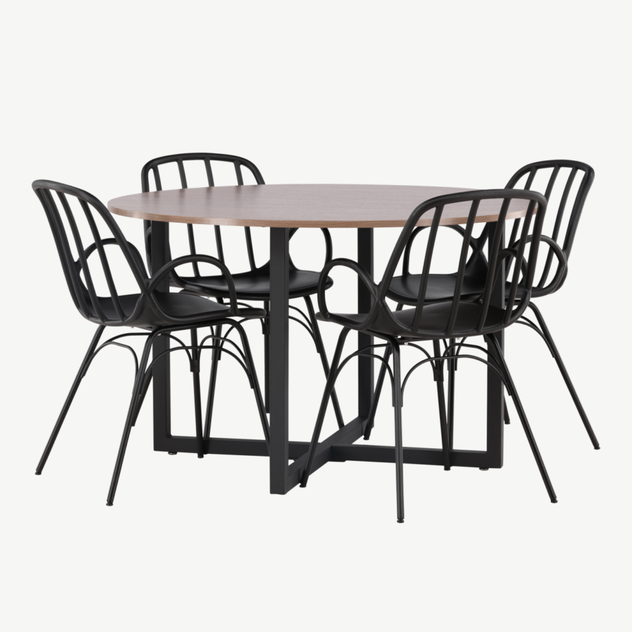 Ümmargune söögilaud Durango pähklitooni MDF ja mustad Dyrön toolid, GR23156 – 6