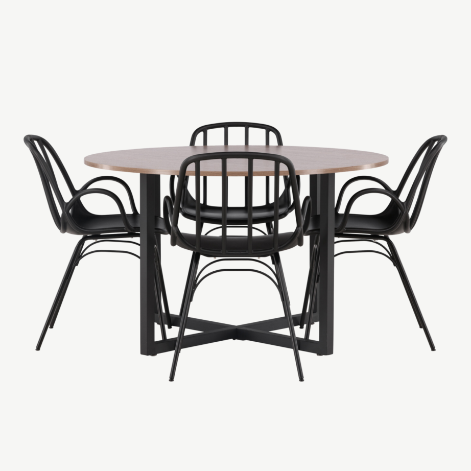 Ümmargune söögilaud Durango pähklitooni MDF ja mustad Dyrön toolid, GR23156 – 7