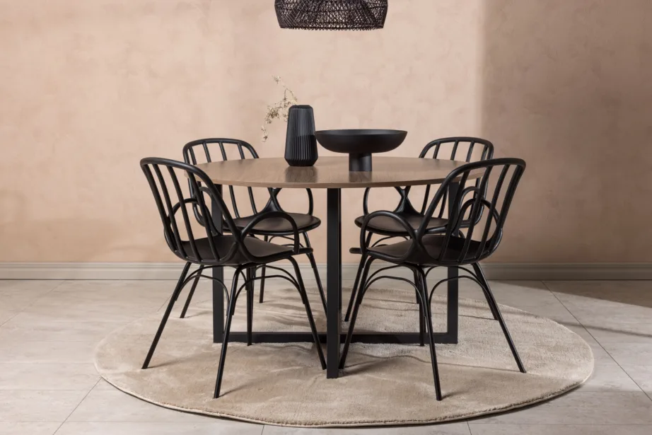 Ümmargune söögilaud Durango pähklitooni MDF ja mustad Dyrön toolid, GR23156 – 8