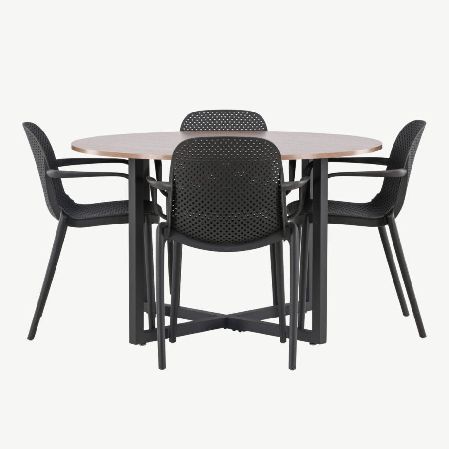 Ümmargune söögilaud Durango (pähklitooni MDF, mustad terasjalad) + Baltimore must plastiktool, GR23152 – 2