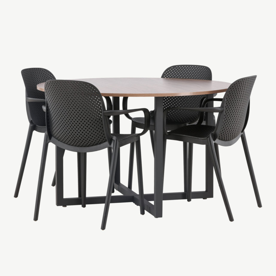 Ümmargune söögilaud Durango (pähklitooni MDF, mustad terasjalad) + Baltimore must plastiktool, GR23152 – 3