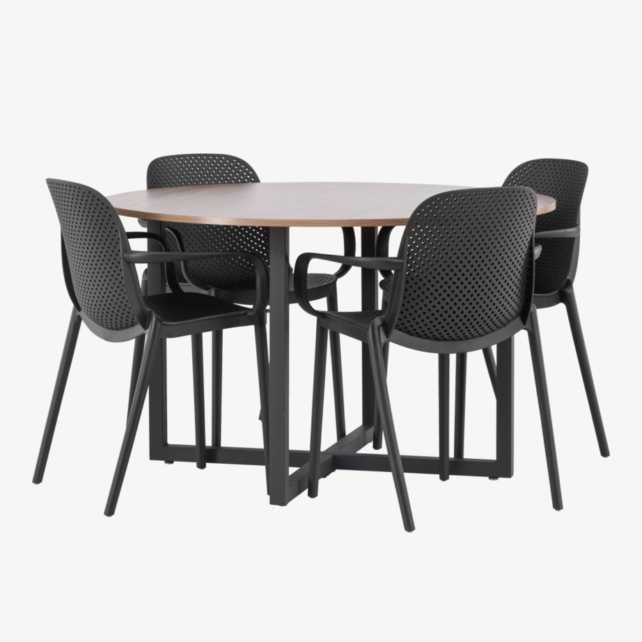 Ümmargune söögilaud Durango (pähklitooni MDF, mustad terasjalad) + Baltimore must plastiktool, GR23152 – 4