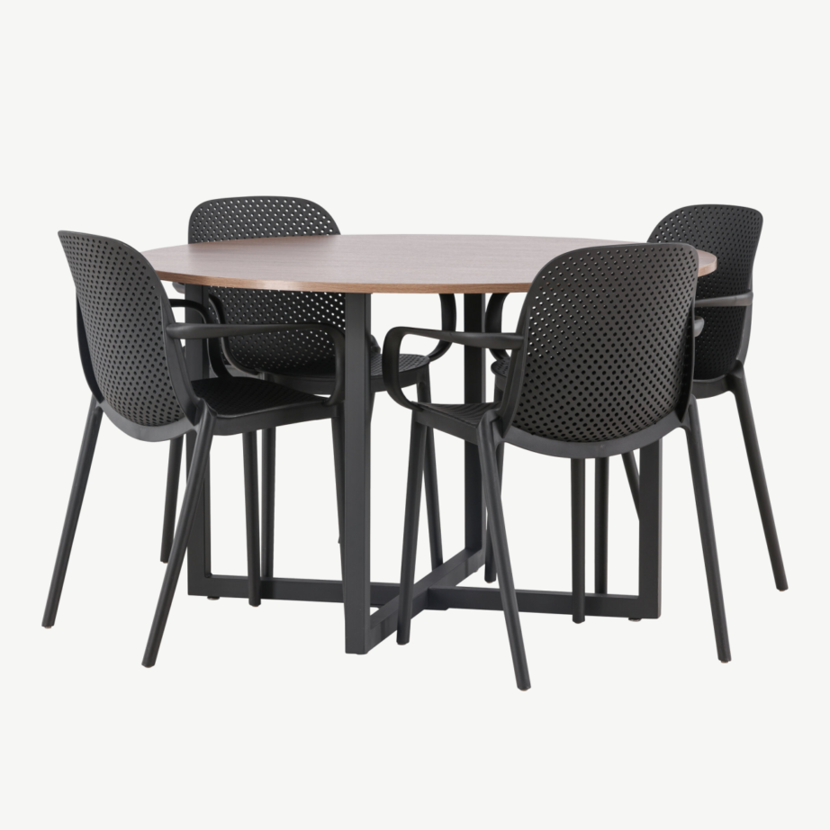 Ümmargune söögilaud Durango (pähklitooni MDF, mustad terasjalad) + Baltimore must plastiktool, GR23152 – 6