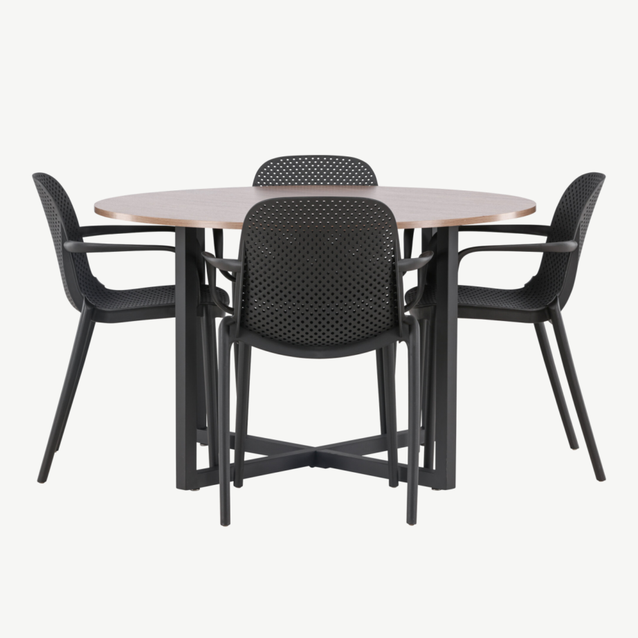 Ümmargune söögilaud Durango (pähklitooni MDF, mustad terasjalad) + Baltimore must plastiktool, GR23152 – 7