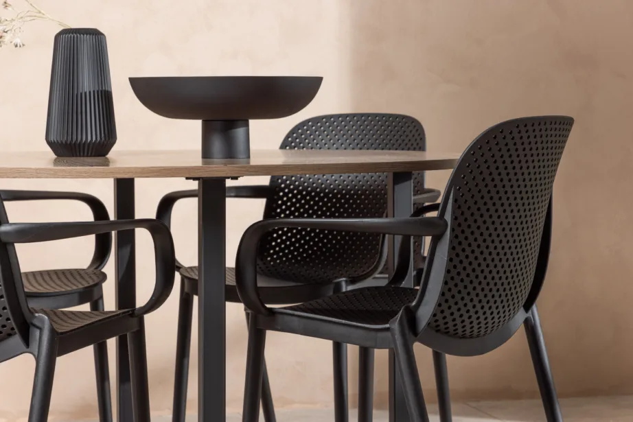 Ümmargune söögilaud Durango (pähklitooni MDF, mustad terasjalad) + Baltimore must plastiktool, GR23152 – 9