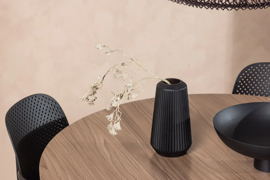 Ümmargune söögilaud Durango (pähklitooni MDF, mustad terasjalad) + Baltimore must plastiktool, GR23152 – 10