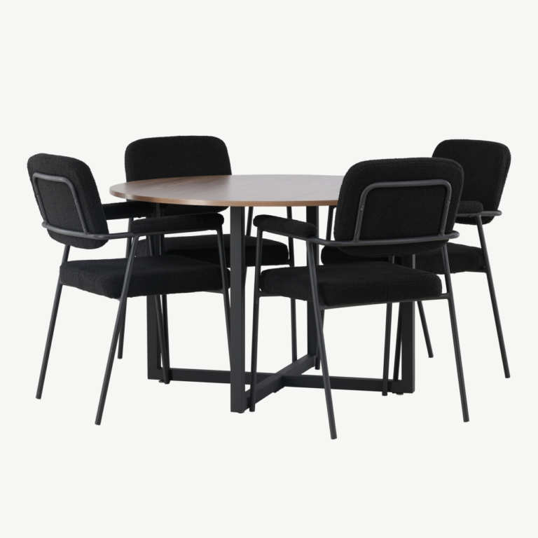 Ümmargune söögilaud Durango (pähklivärvi MDF, ø120 cm) ja must polsterdatud tool Yesterday - GR23926