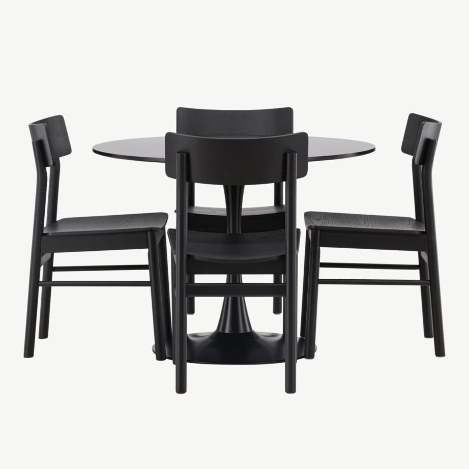 Ümmargune söögilaud Glade ja mustad Montros toolid (4 tk), MDF ja kask, GR23141 – 2