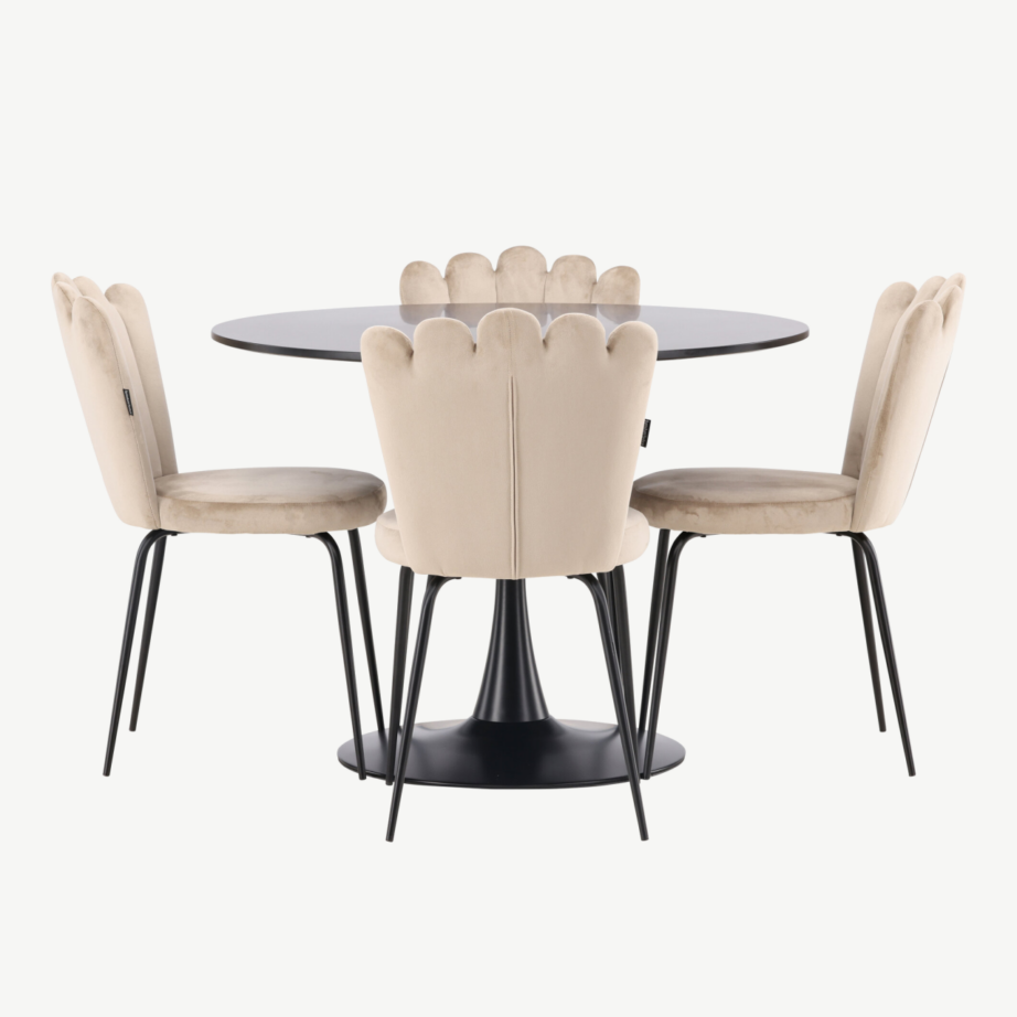 Ümmargune söögilaud Glade (must MDF, 100cm) ja Limhamn sametist tool (beež, must metalljalg), GR23138 – 2