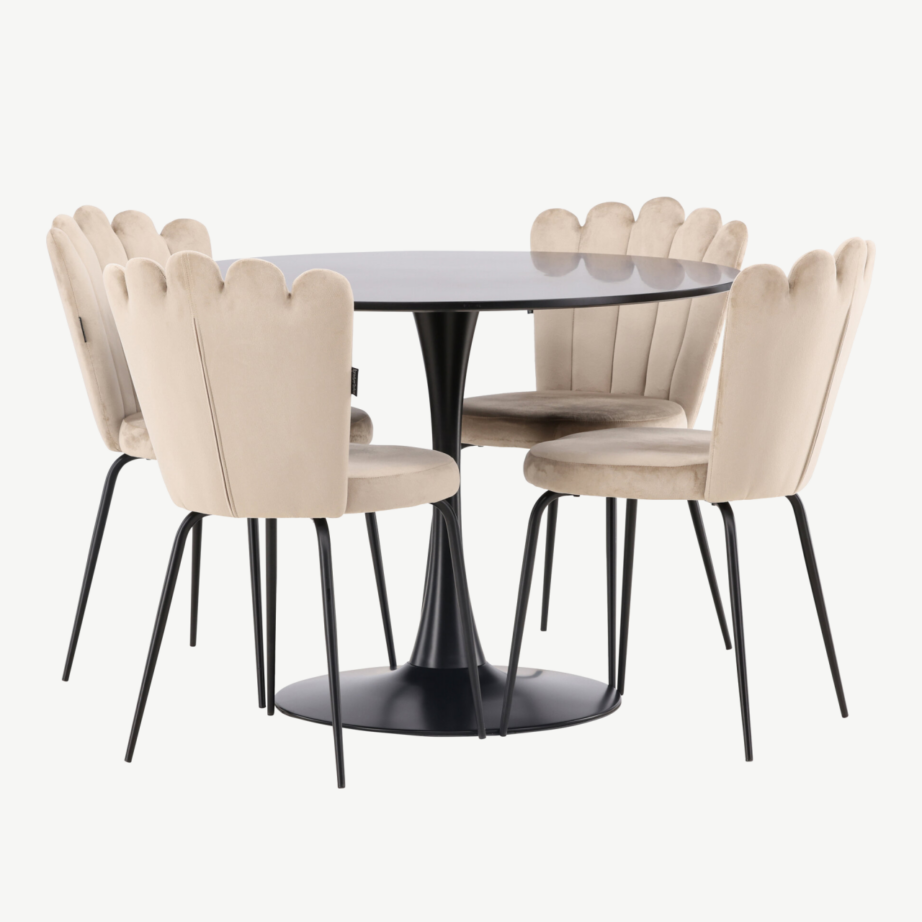 Ümmargune söögilaud Glade (must MDF, 100cm) ja Limhamn sametist tool (beež, must metalljalg), GR23138 – 3