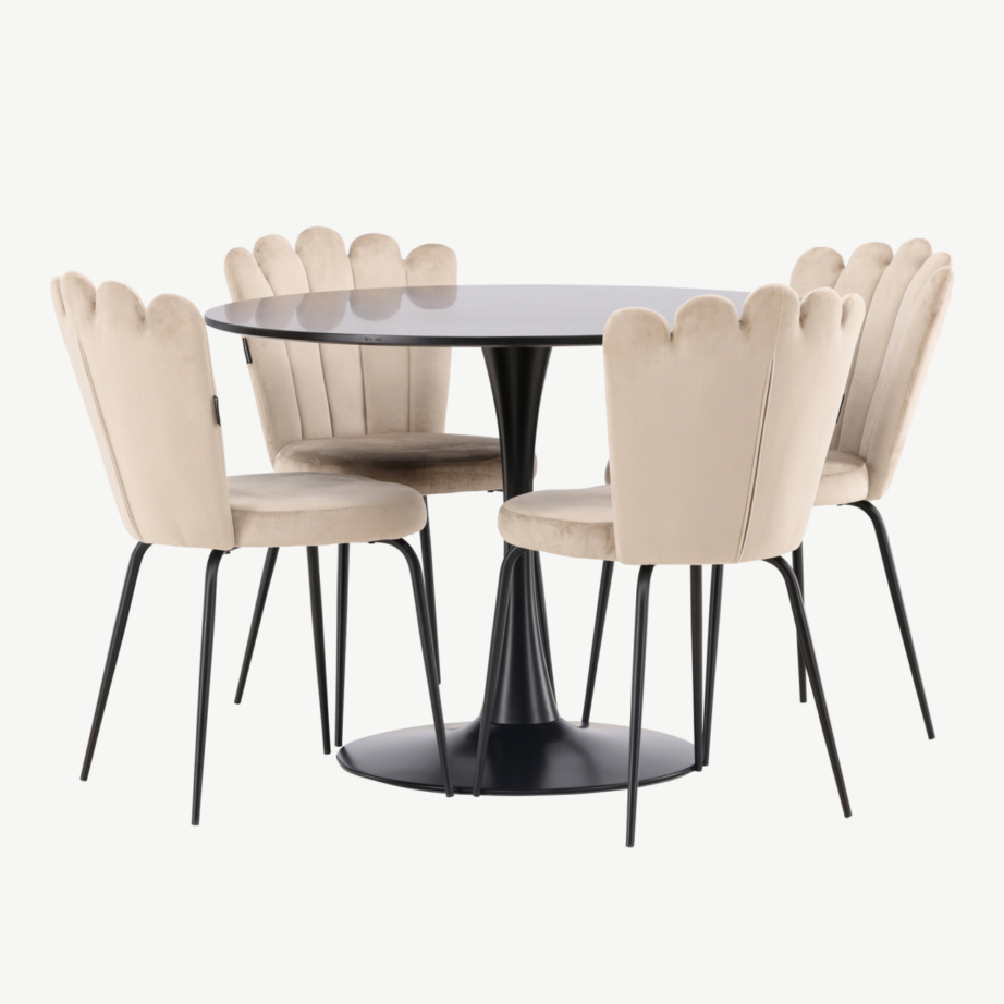 Ümmargune söögilaud Glade (must MDF, 100cm) ja Limhamn sametist tool (beež, must metalljalg), GR23138 – 4