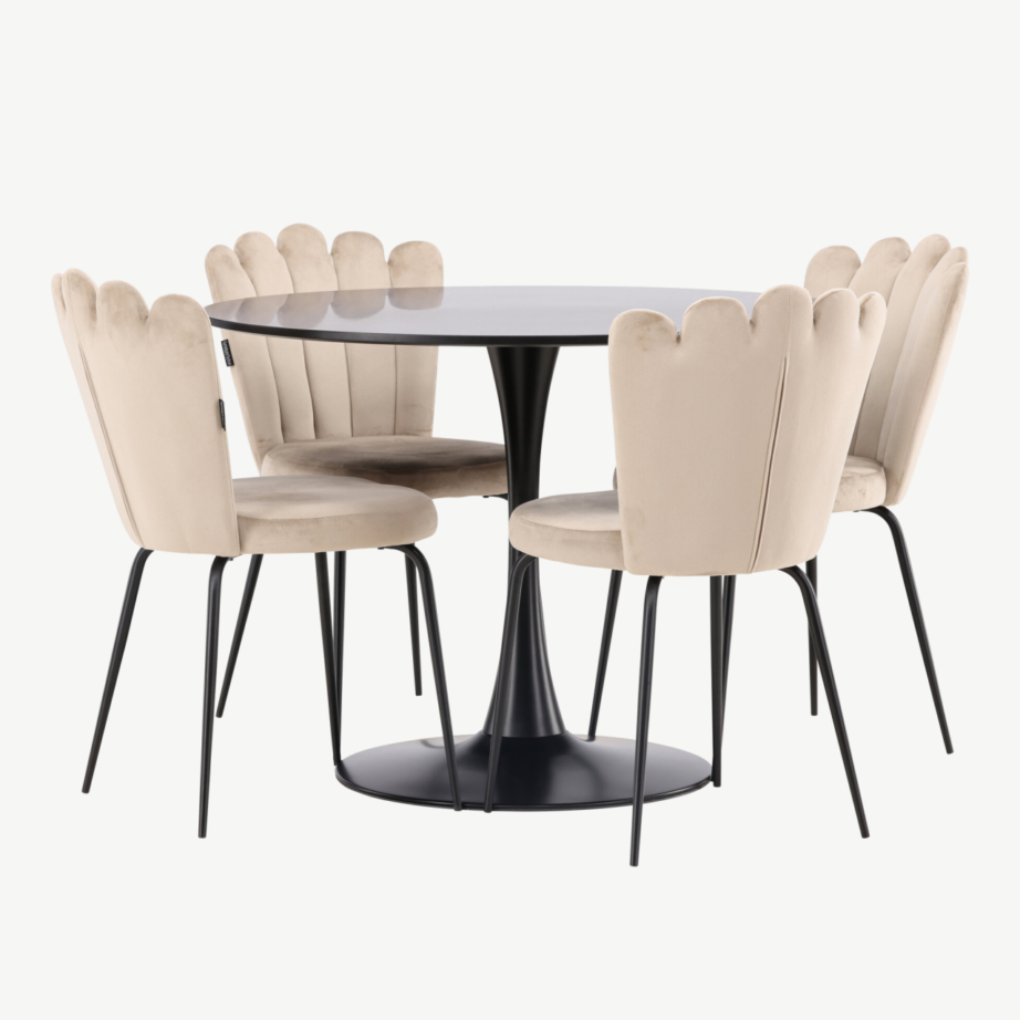 Ümmargune söögilaud Glade (must MDF, 100cm) ja Limhamn sametist tool (beež, must metalljalg), GR23138 – 6