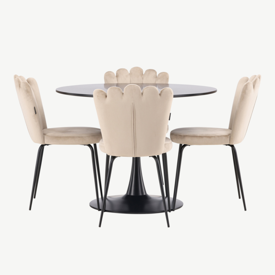 Ümmargune söögilaud Glade (must MDF, 100cm) ja Limhamn sametist tool (beež, must metalljalg), GR23138 – 7
