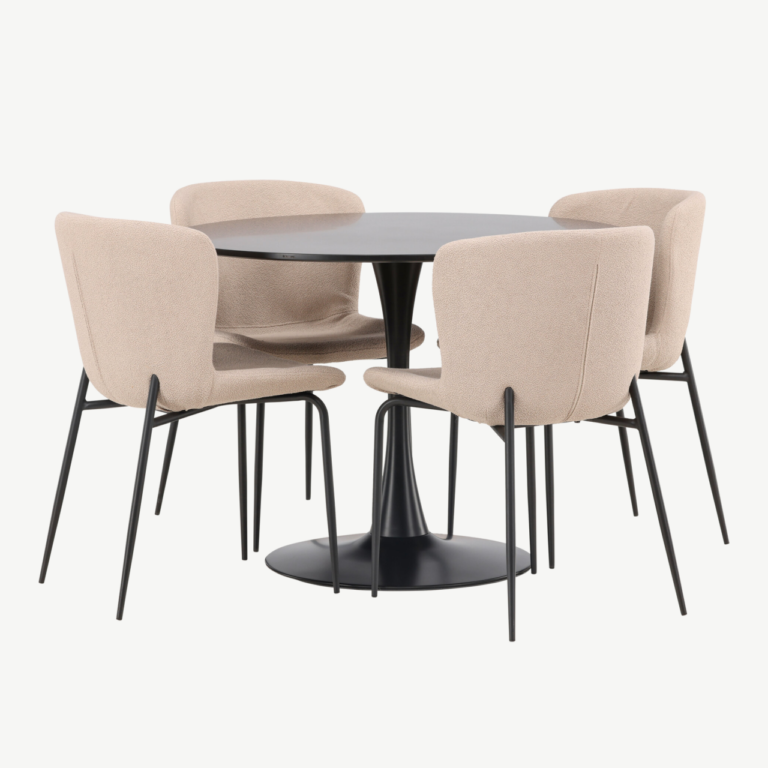 Ümmargune söögilaud Glade (must MDF, ø100cm) ja buklee-kattega toolid Modesto (tumehall, musta raamiga) - GR23140