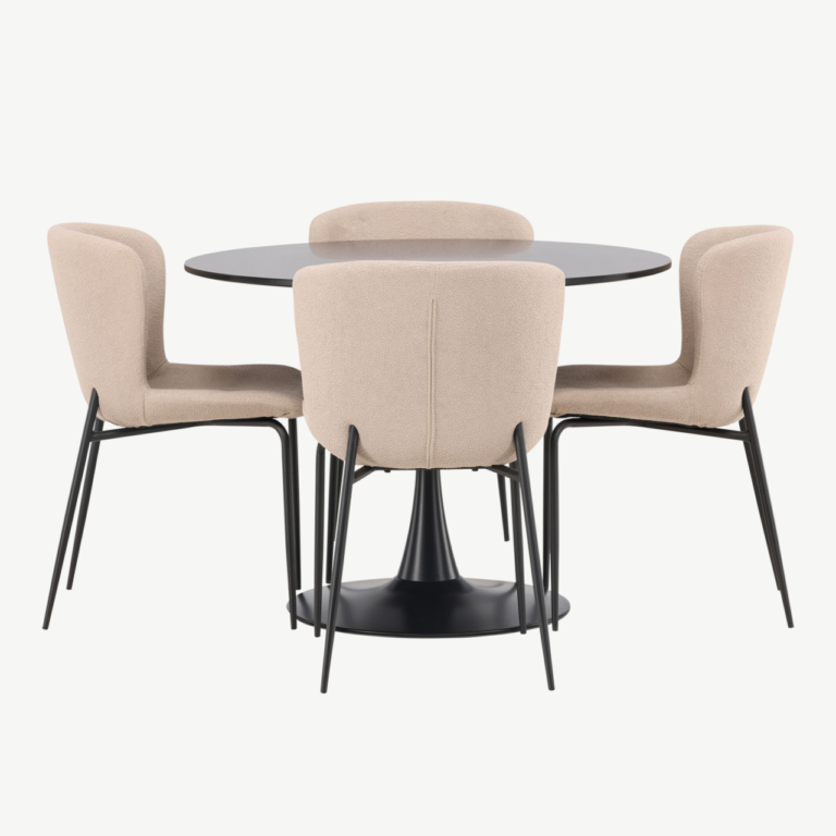 Ümmargune söögilaud Glade (must MDF, ø100cm) ja buklee-kattega toolid Modesto (tumehall, musta raamiga) - GR23140