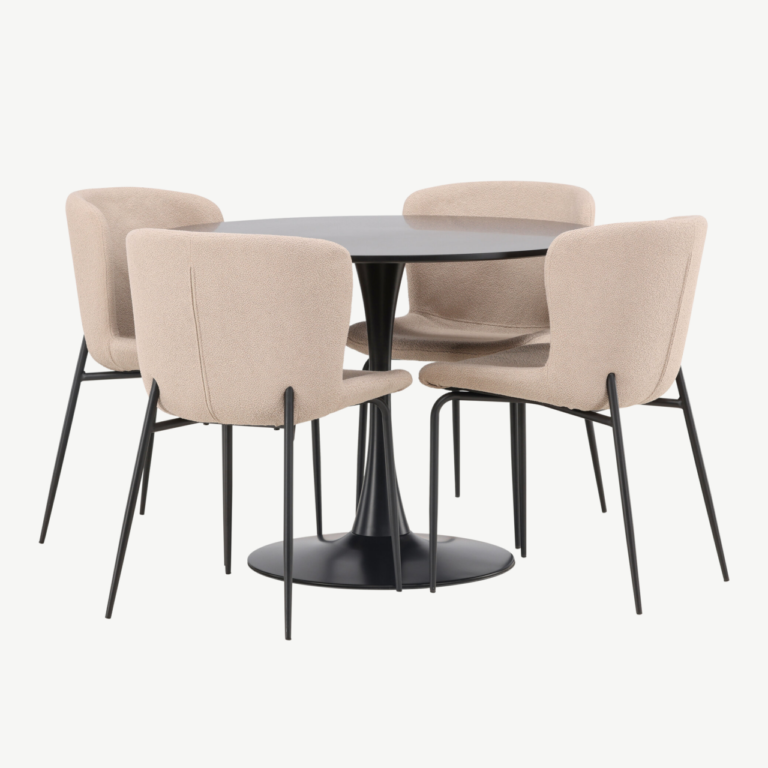 Ümmargune söögilaud Glade (must MDF, ø100cm) ja buklee-kattega toolid Modesto (tumehall, musta raamiga) - GR23140