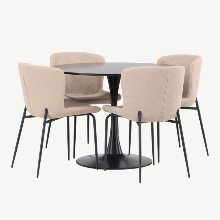 Ümmargune söögilaud Glade (must MDF, ø100cm) ja buklee-kattega toolid Modesto (tumehall, musta raamiga) - GR23140