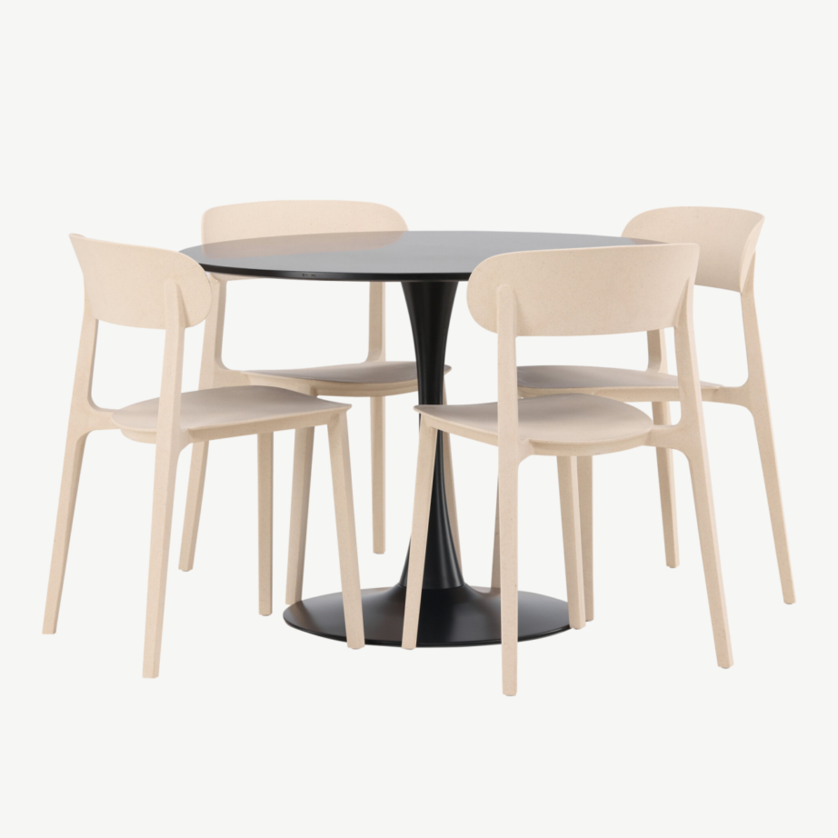 Ümmargune söögilaud Glade musta MDF-plaadiga ja beežid Åstol toolid (4 tk), GR23149 – 4