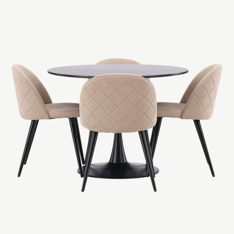 Ümmargune söögilaud Glade nelja beeži sametkangast tooliga (must MDF, terasjalg), GR22897 – 2