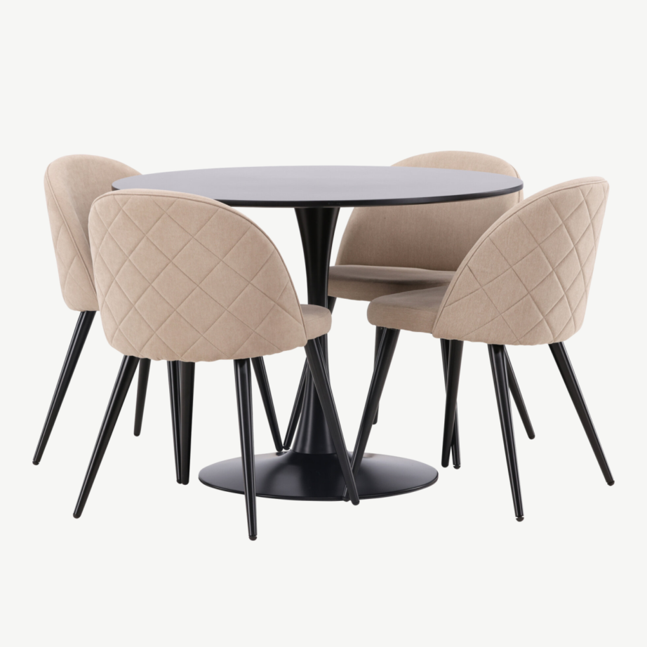 Ümmargune söögilaud Glade nelja beeži sametkangast tooliga (must MDF, terasjalg), GR22897 – 3