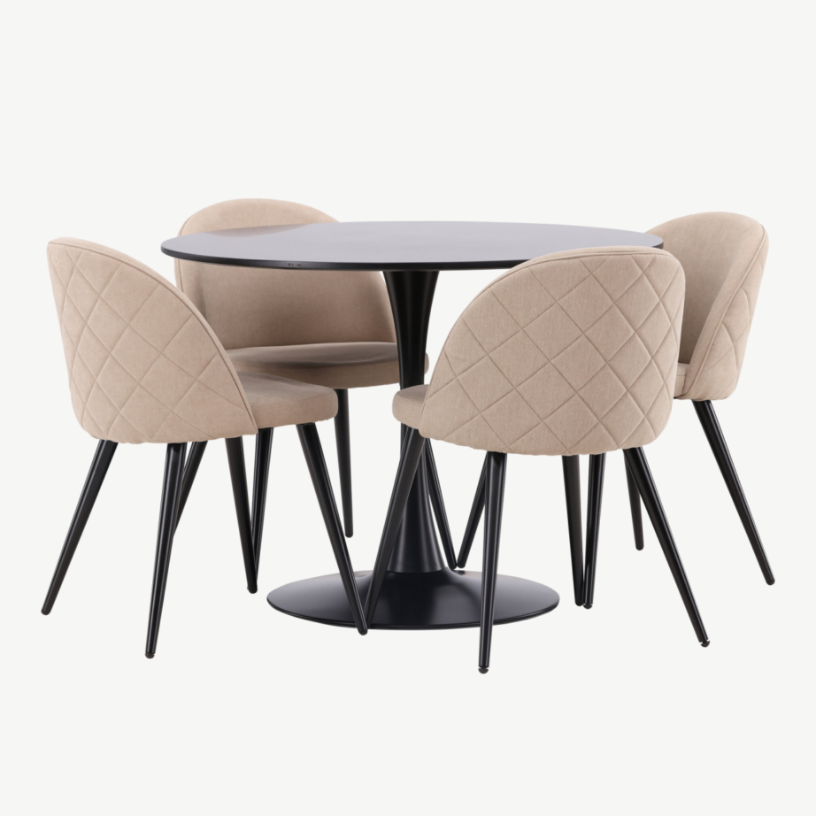 Ümmargune söögilaud Glade nelja beeži sametkangast tooliga (must MDF, terasjalg), GR22897 – 4