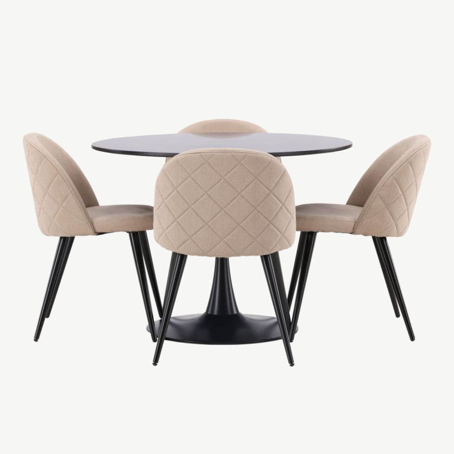 Ümmargune söögilaud Glade nelja beeži sametkangast tooliga (must MDF, terasjalg), GR22897 – 5