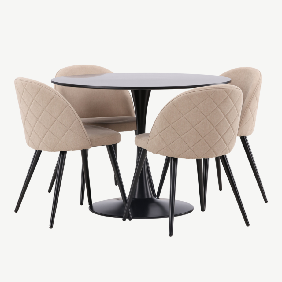 Ümmargune söögilaud Glade nelja beeži sametkangast tooliga (must MDF, terasjalg), GR22897 – 6