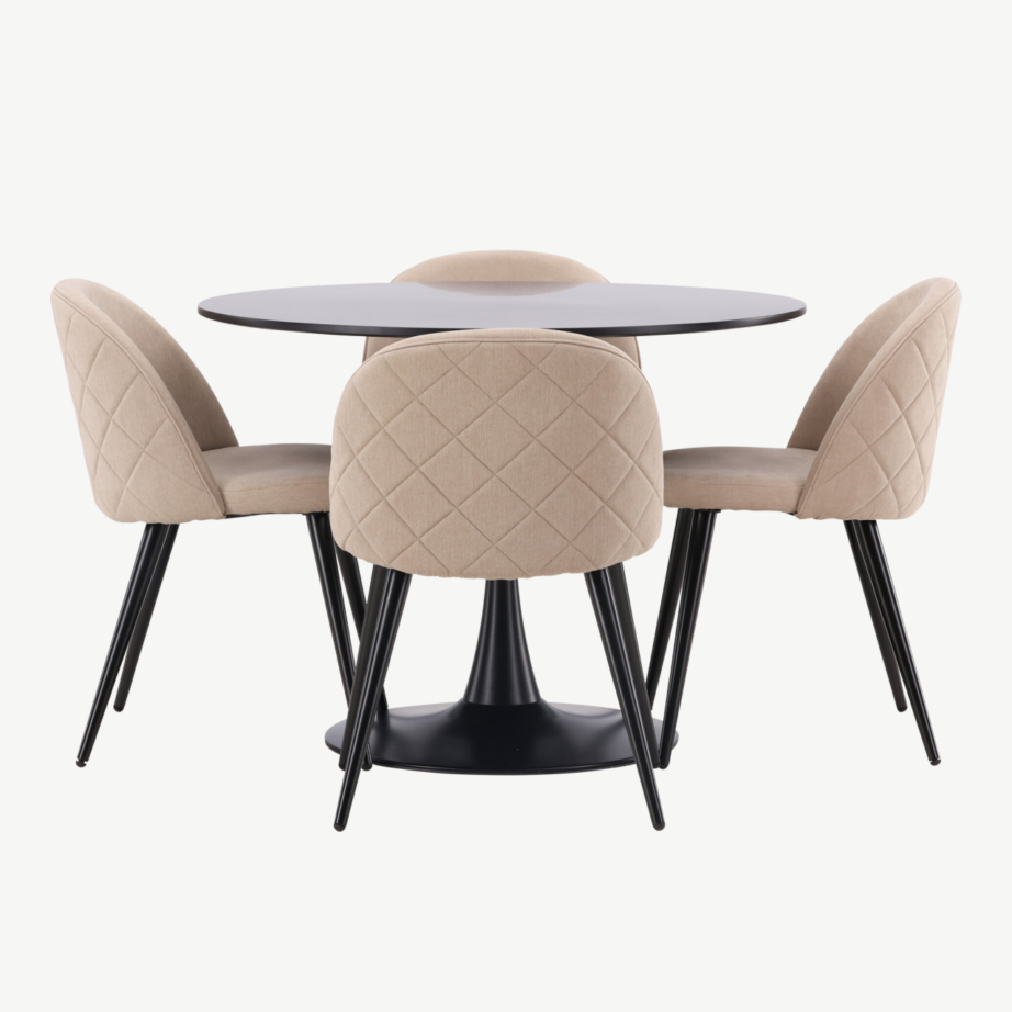 Ümmargune söögilaud Glade nelja beeži sametkangast tooliga (must MDF, terasjalg), GR22897 – 7
