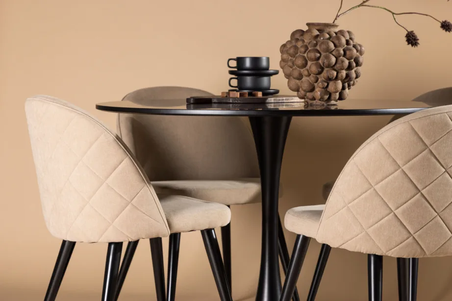 Ümmargune söögilaud Glade nelja beeži sametkangast tooliga (must MDF, terasjalg), GR22897 – 9