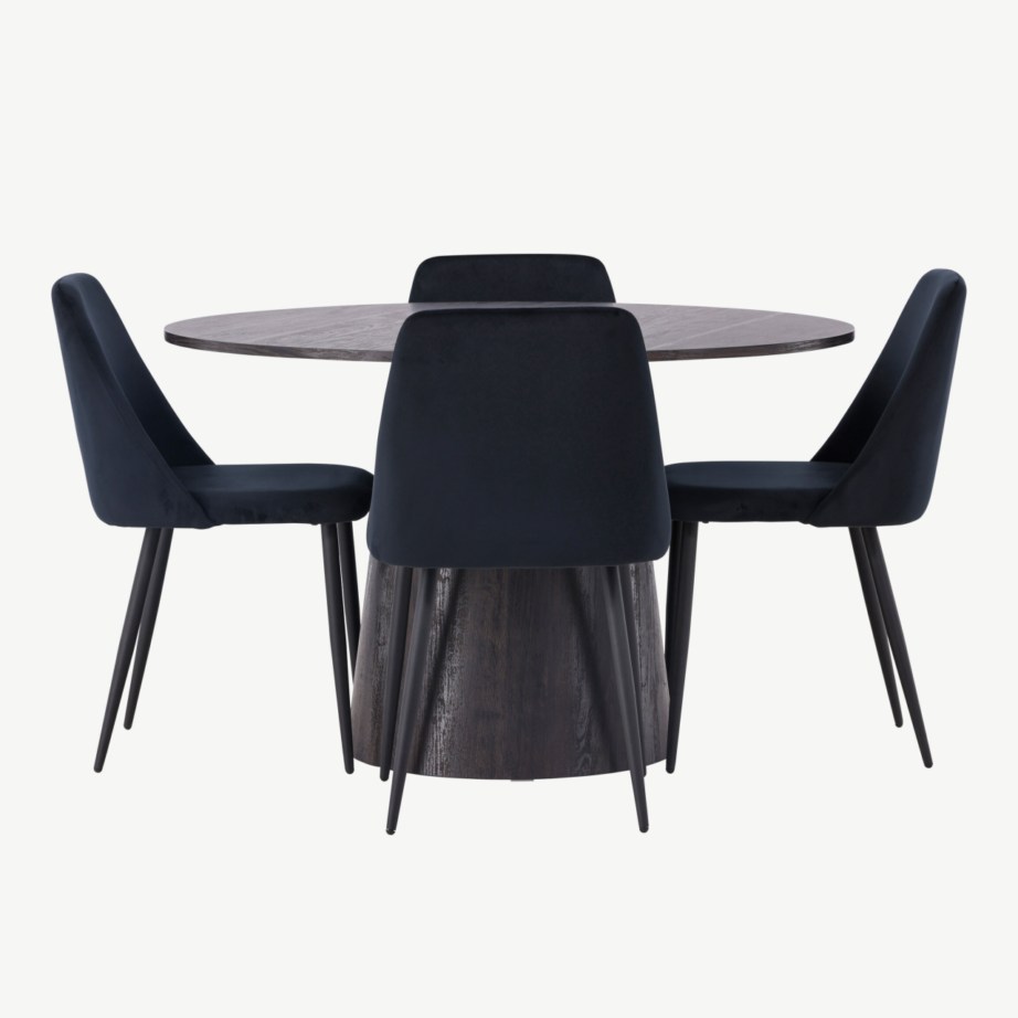 Ümmargune söögilaud Lanzo (MDF, moka) ja mustad sametkattega toolid Night, GR23474 – 2
