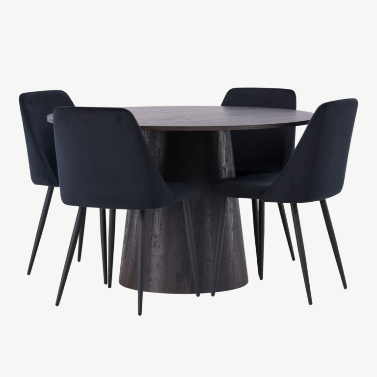 Ümmargune söögilaud Lanzo (MDF, moka) ja mustad sametkattega toolid Night - GR23474