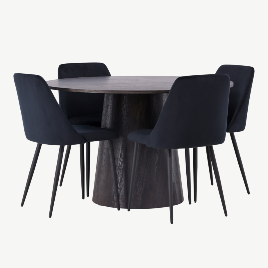 Ümmargune söögilaud Lanzo (MDF, moka) ja mustad sametkattega toolid Night, GR23474 – 4